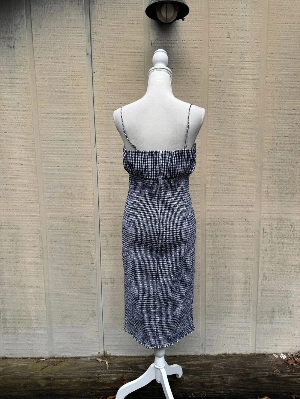 J. Crew Black and White Gingham Smocked Midi Dress